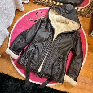 Wilsons Leather heavyweight brown/cream belted genuine leather winter coat